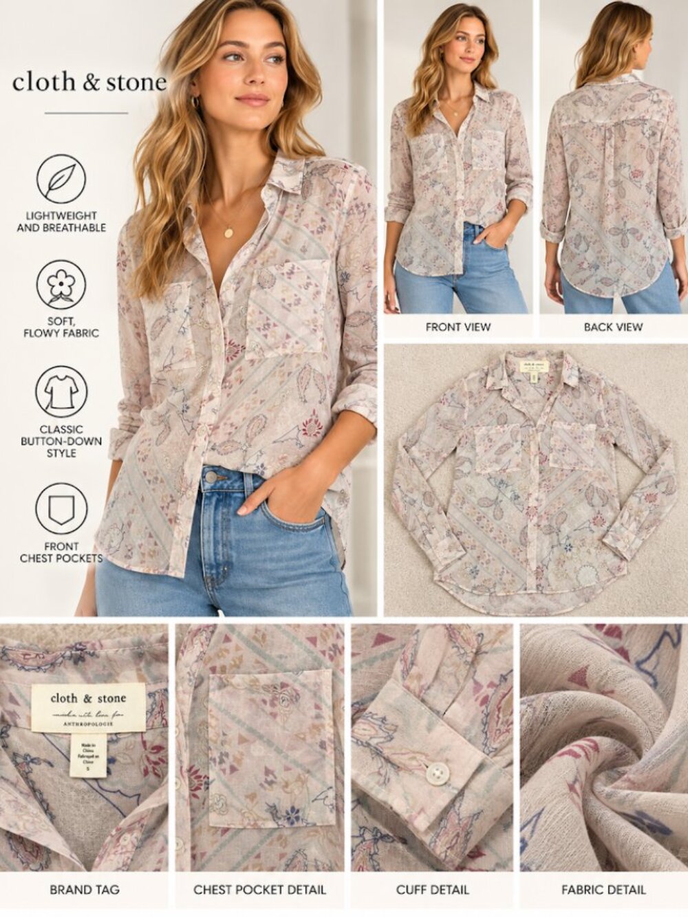 Anthropologie Cloth & Stone for Sheer Paisley Print Button-Down Shirt